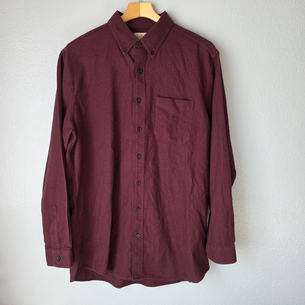 L.L. Bean Men's Traditional Fit Houndstooth Shirt Red Black LT